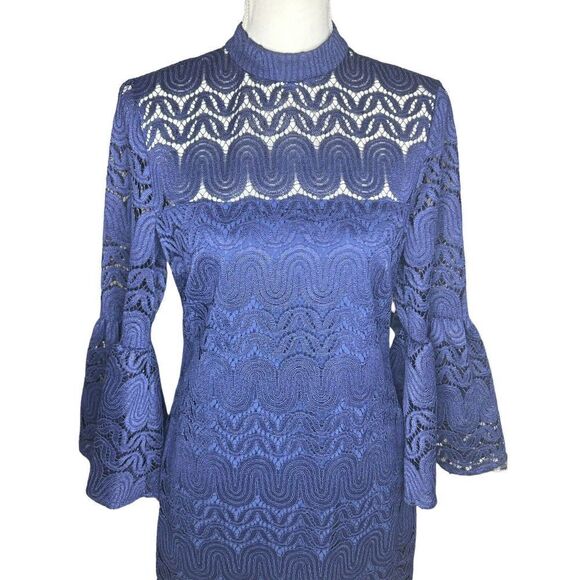 Trina Turk Lace Overlay Navy Blue Mini Dress Bell 3/4 Sleeve Sz 4 Holidays - Picture 5 of 9